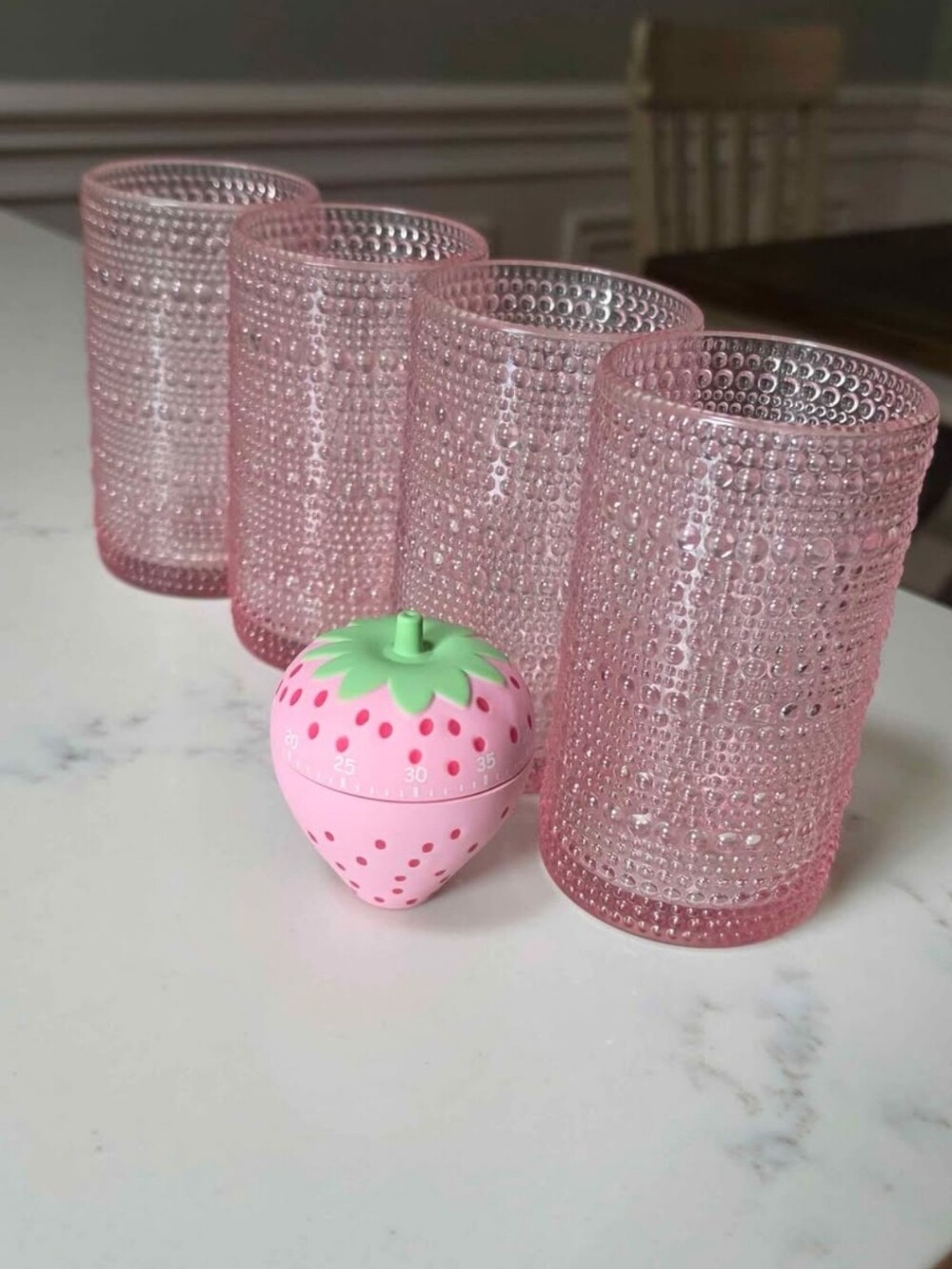 4 Pink Hobnob Glasses And Pink Strawberry Kitchen Timer for Kids Accessories